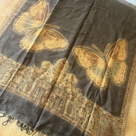 Beautiful Scarf Wrap Shawl Butterfly And Floral Design Orange Brown Fringe 70x26 - Picture 2 of 7
